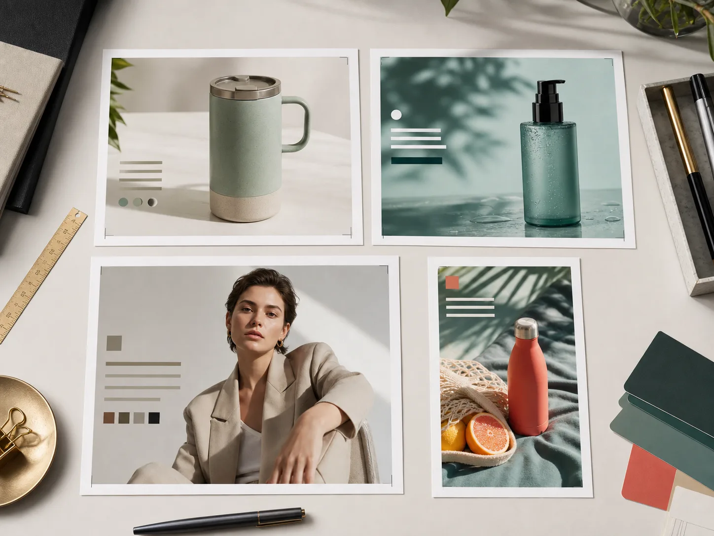 Four channel-ready AI image outputs for ecommerce, social advertising, portrait, and vertical content